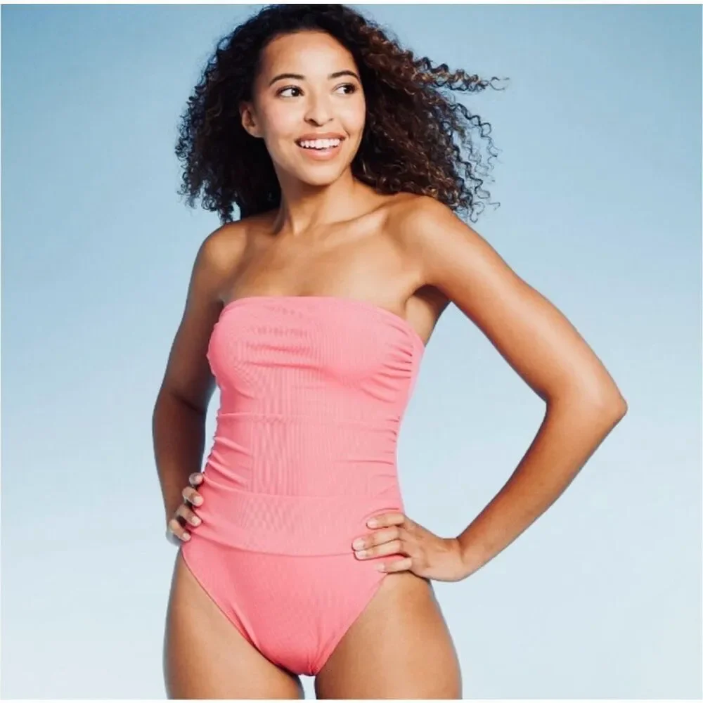 🌸 Shade & Shore Coral Pink Strapless Ribbed One Piece Swimsuit Size XS New